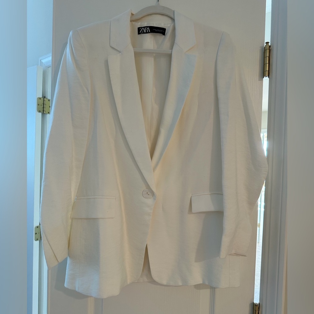 Zara White Linen Blend Blazer